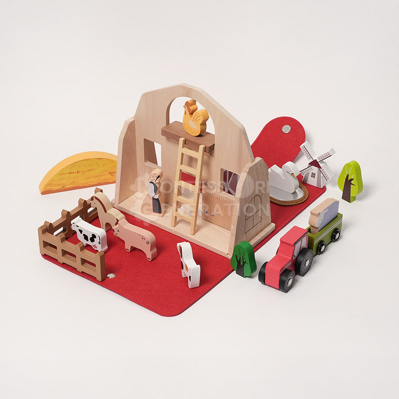 Ferme de voyage en bois et feutre, 16 figurines