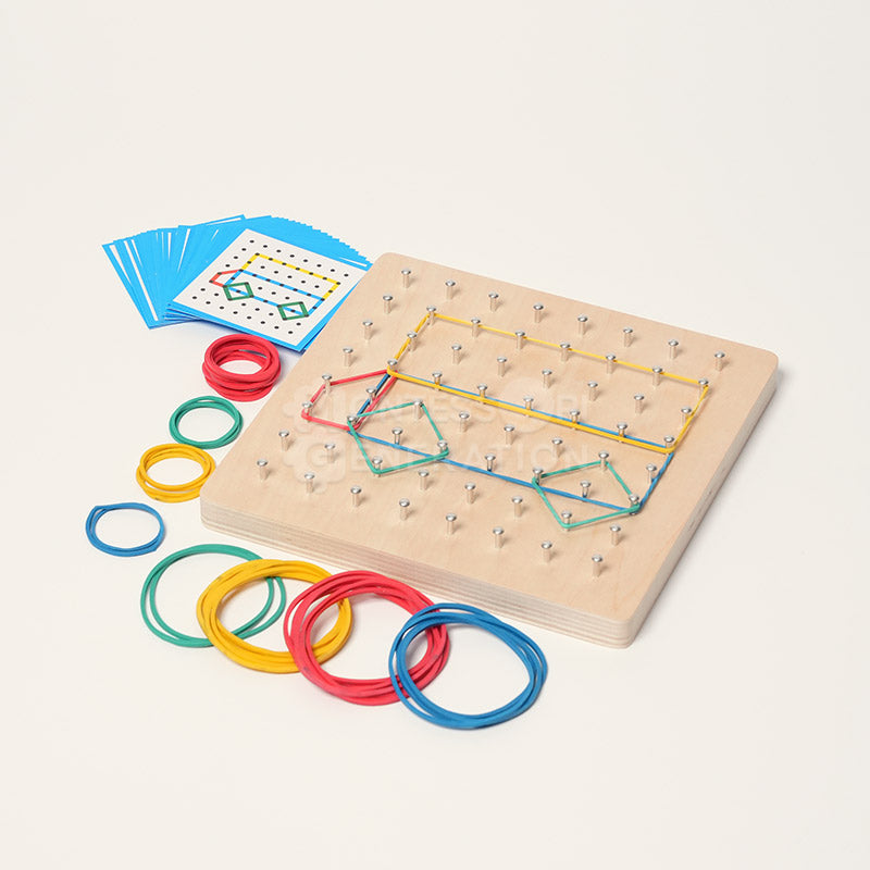 Wooden Geoboard with Rubber Bands and Cards, Ages 3+