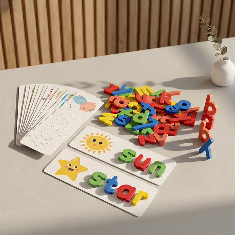 Jeu de lettres en bois avec 28 cartes images