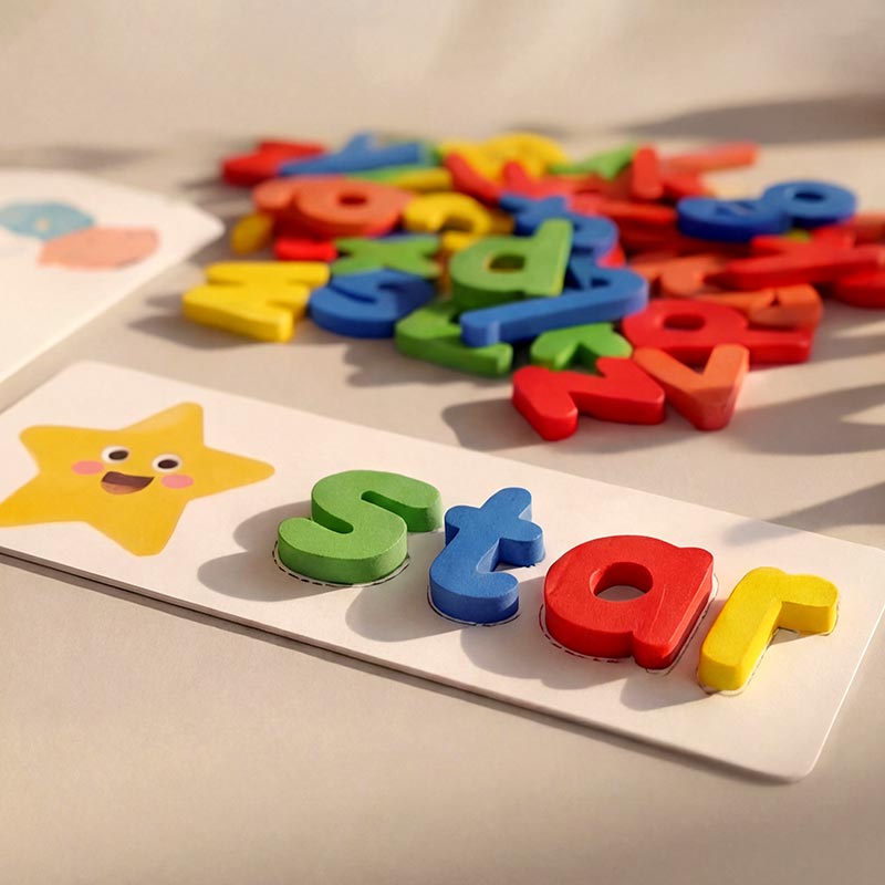 Jeu de lettres en bois avec 28 cartes images