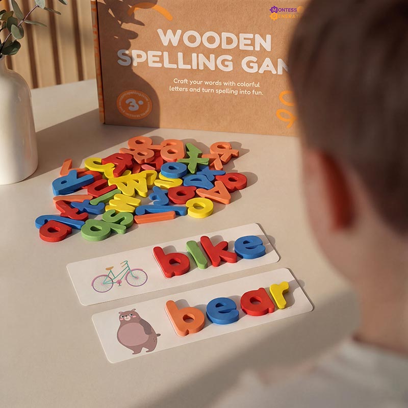 Jeu de lettres en bois avec 28 cartes images
