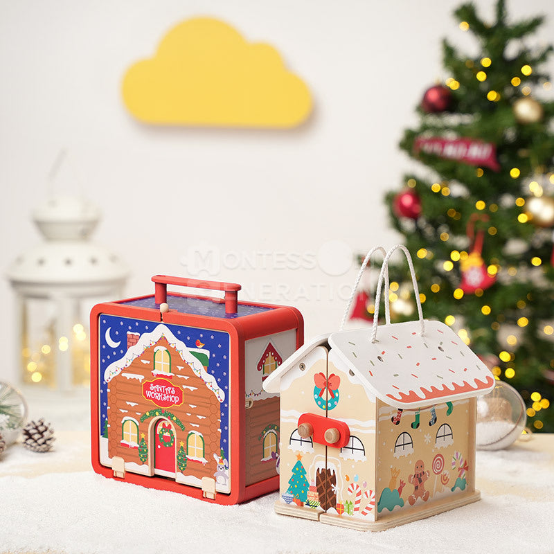 Maison de Noël pliable en bois et 7 figurines
