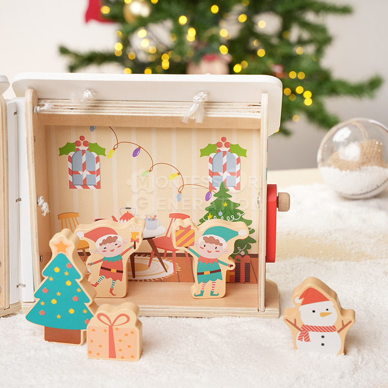 Maison de Noël pliable en bois et 7 figurines
