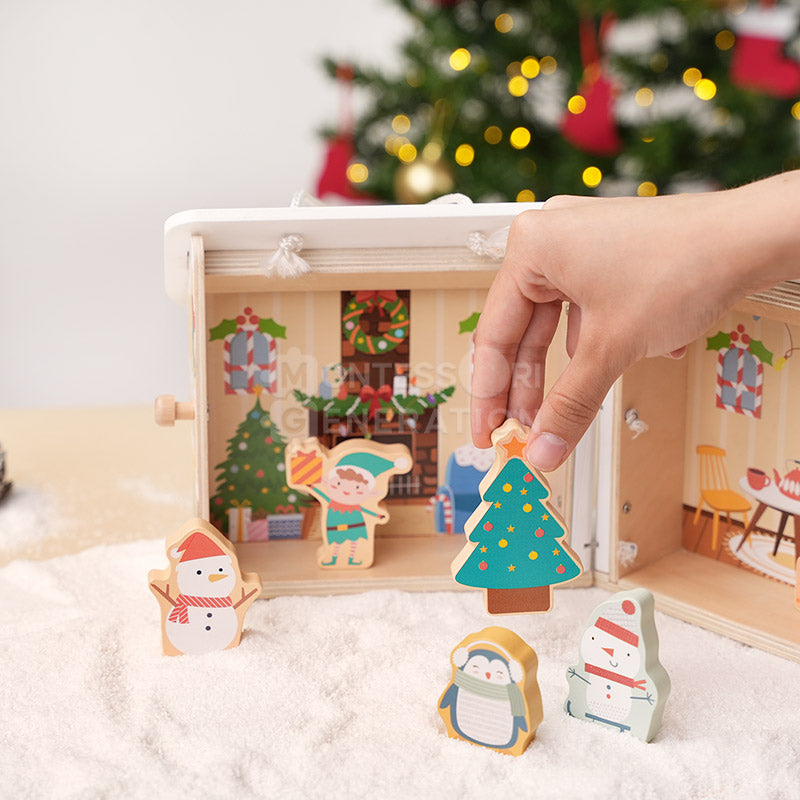 Maison de Noël pliable en bois et 7 figurines
