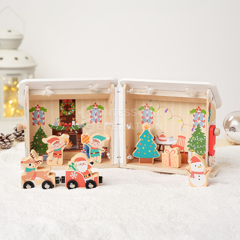 Maison de Noël pliable en bois et 7 figurines